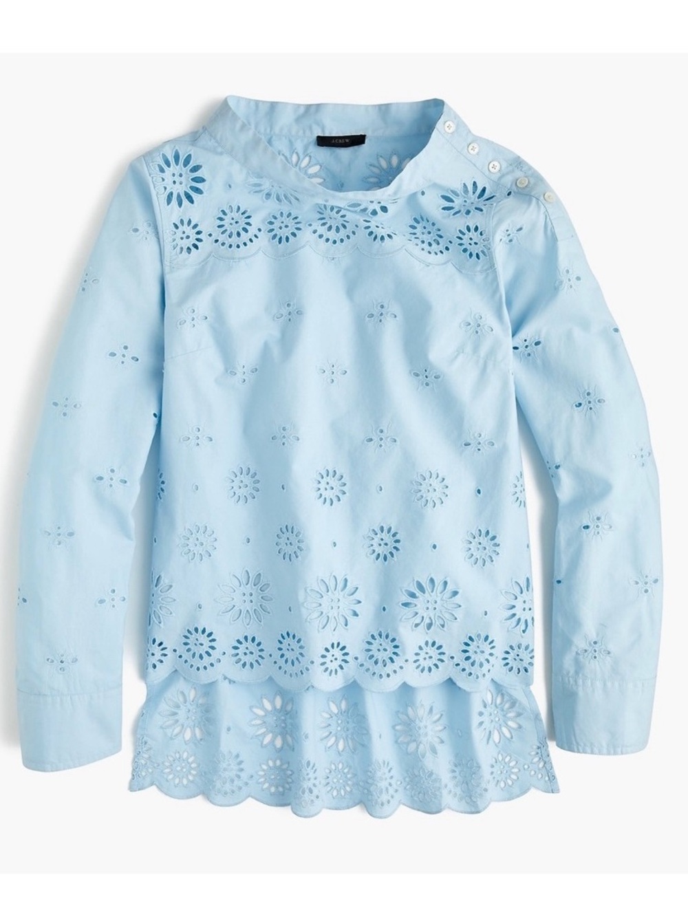 J. Crew Funnelneck Eyelet Cutout Scalloped Hem Hi-Lo Blouse Light Blue Cotton 00